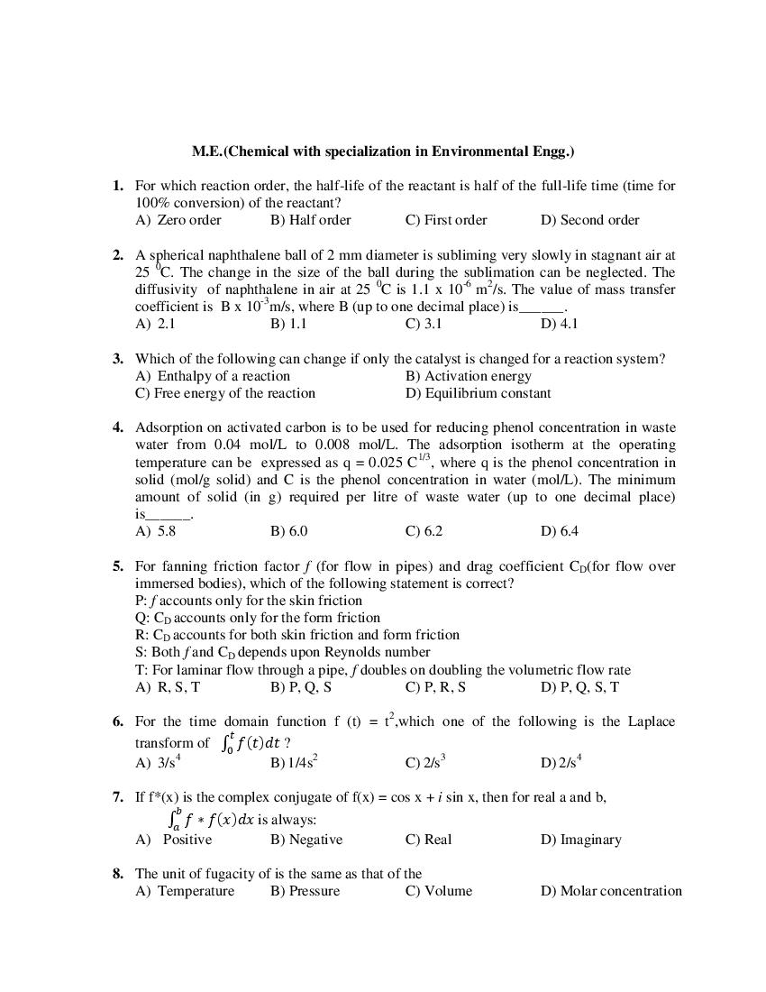 PU CET PG 2019 Question PaperM.E._Chemical with specialization in Environmental Engg._ - Page 1