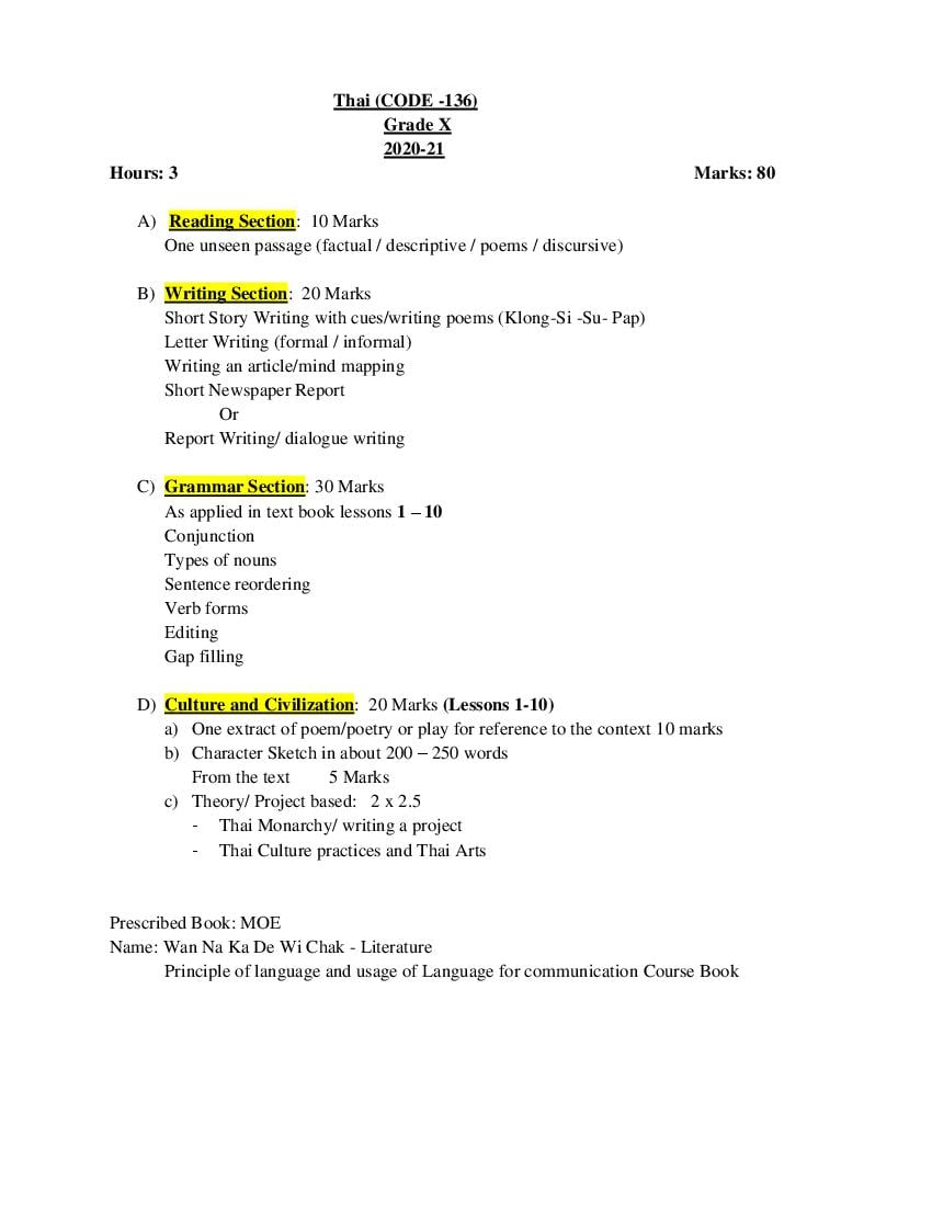CBSE Class 10 Thai Syllabus 2020-21 - Page 1