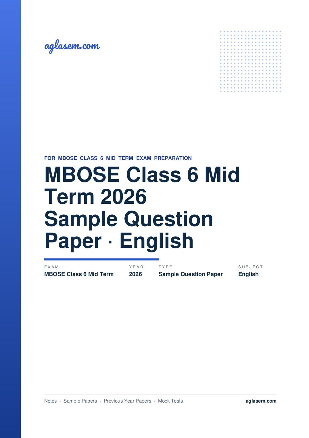 MBOSE Class 6 Mid Term Sample Question Paper 2026 English - Page 1 of 6