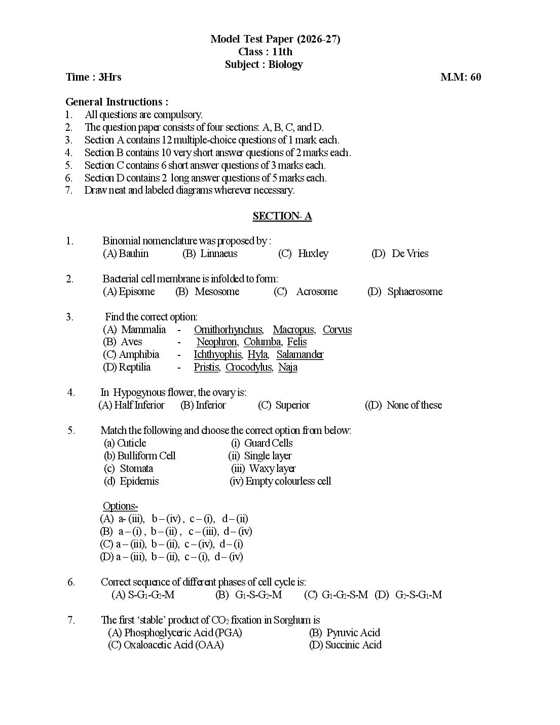 HP Board 11th Class Model Question Paper 2027 Biology - Page 1 of 7