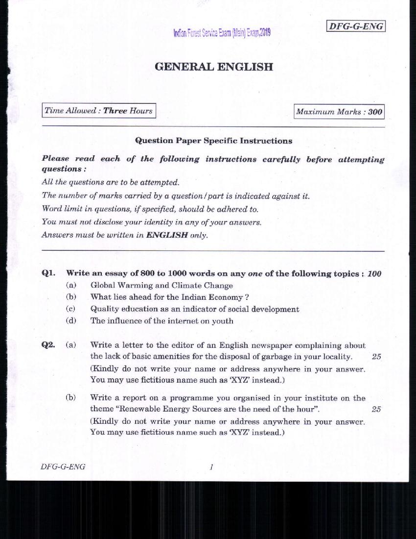 UPSC IFS 2019 Question Paper for General English - Page 1