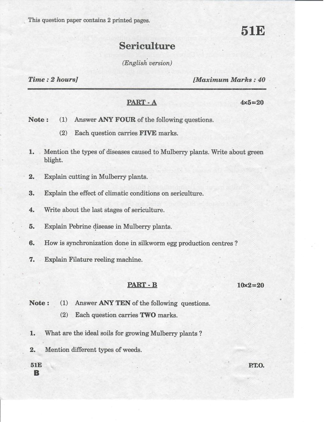 AP 10th Class Question Paper 2019 Sericulture (English Medium) - Page 1