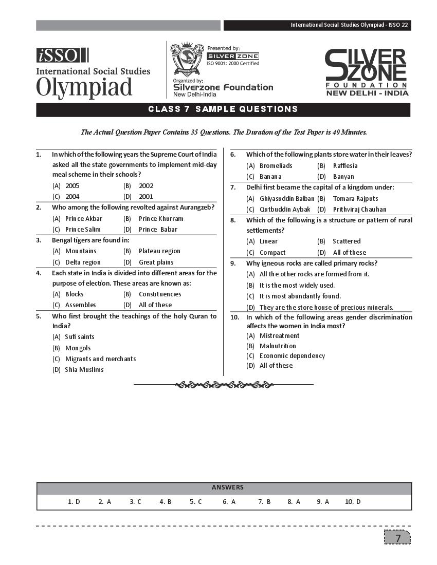 SilverZone iSSO Sample Paper 2022 Class 7  - Page 1