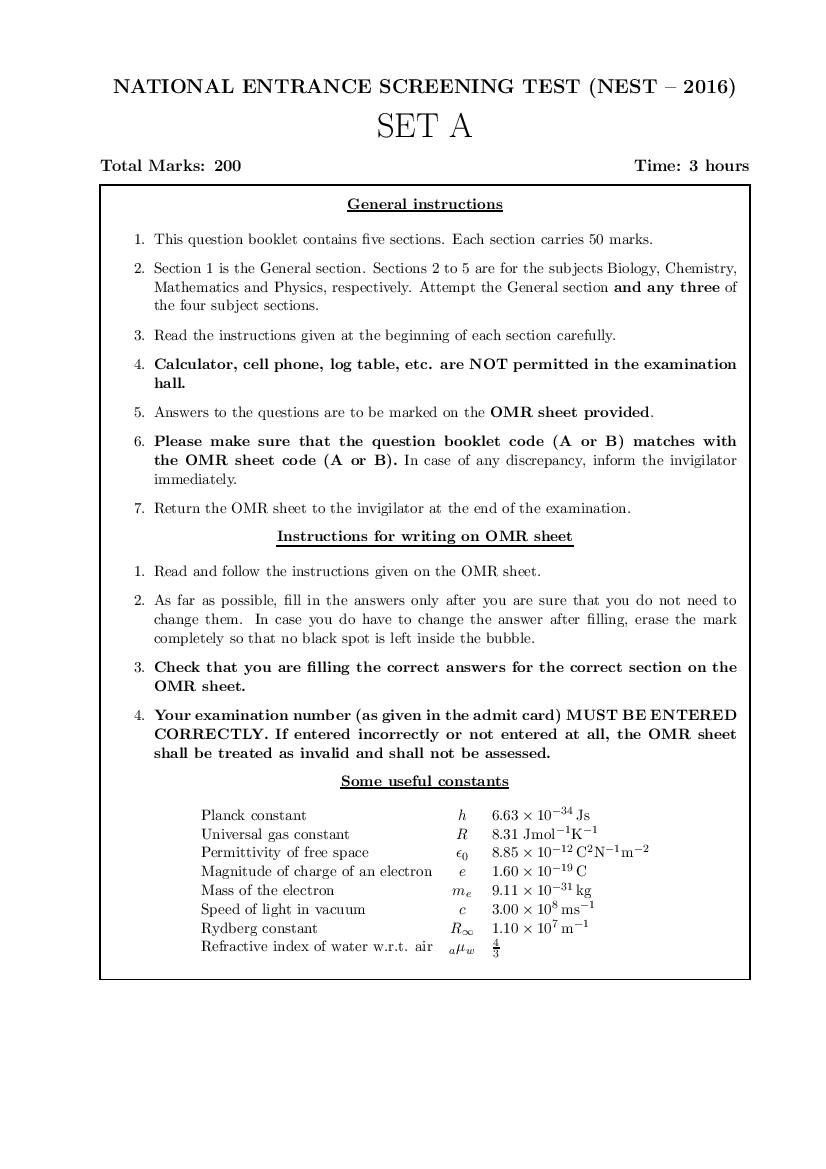 NEST Exam 2016 Question Paper - Page 1
