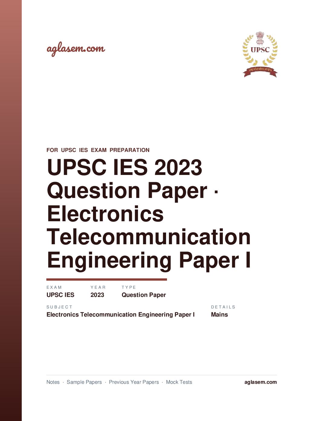 UPSC IES 2023 (Mains) Question Paper for Electronics and Telecommunication Engineering Paper I - Page 1 of 13