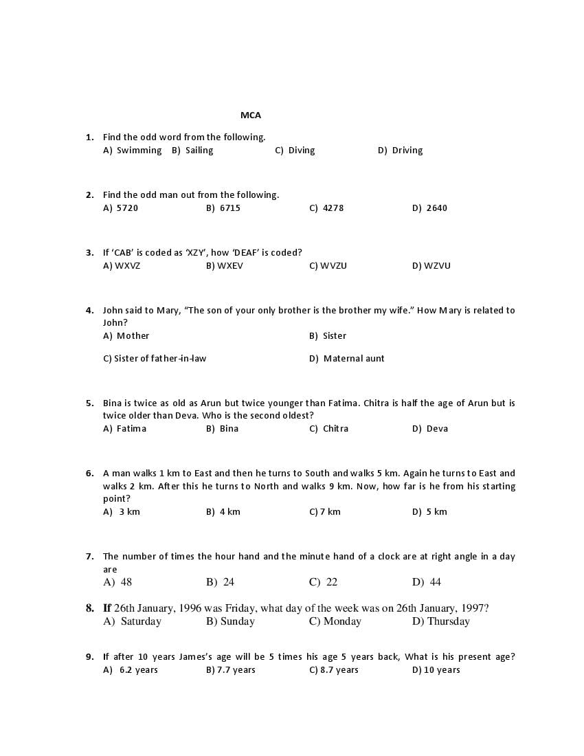 PU CET PG 2019 Question Paper MCA - Page 1