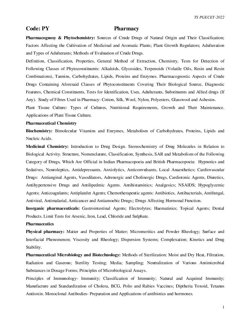 TS PGECET 2022 Syllabus for Pharmacy - Page 1