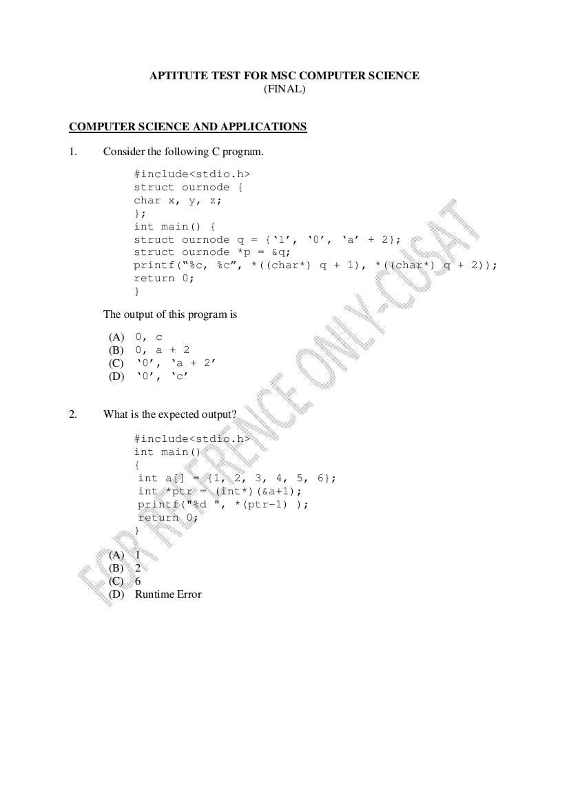 CUSAT CAT 2022 Question Paper M.Sc Computer Science - Page 1