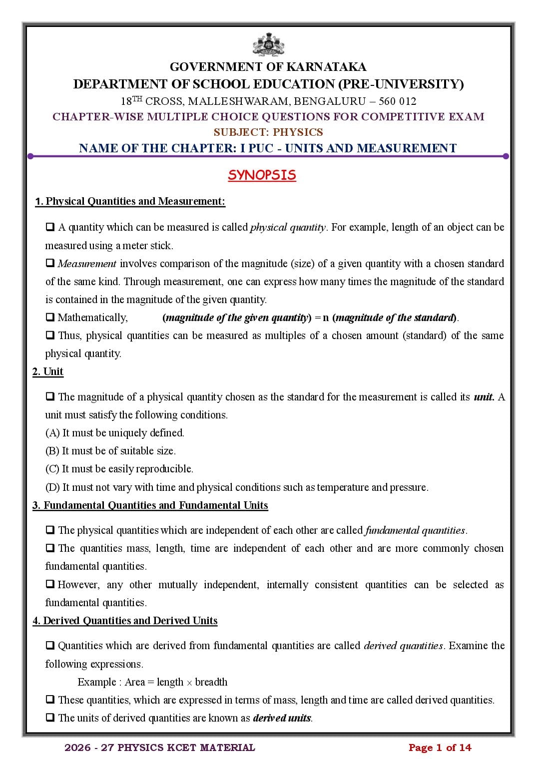 Karnataka 1st PUC Physics Units and Measurement MCQ with Answers - Page 1 of 14