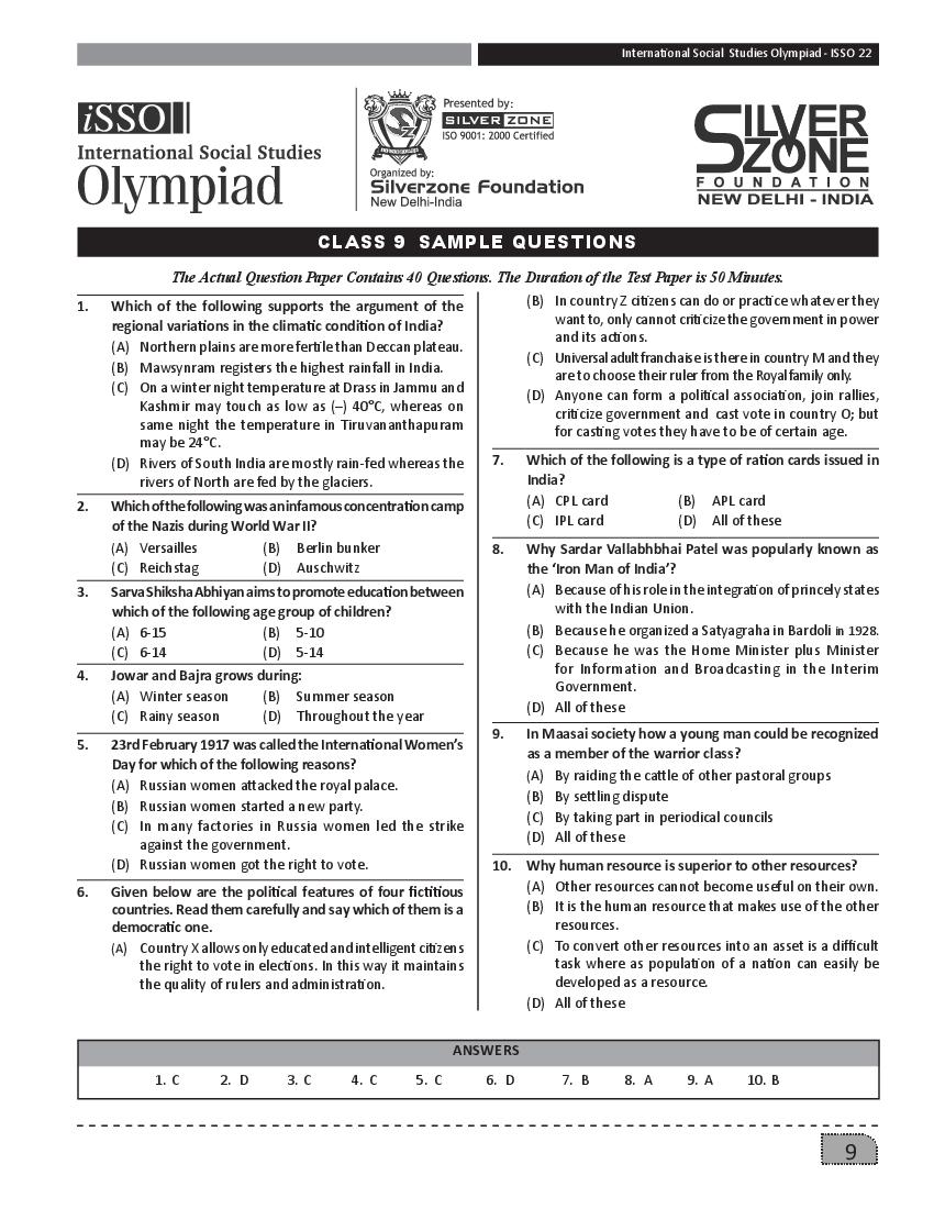 SilverZone iSSO Sample Paper 2022 Class 9  - Page 1
