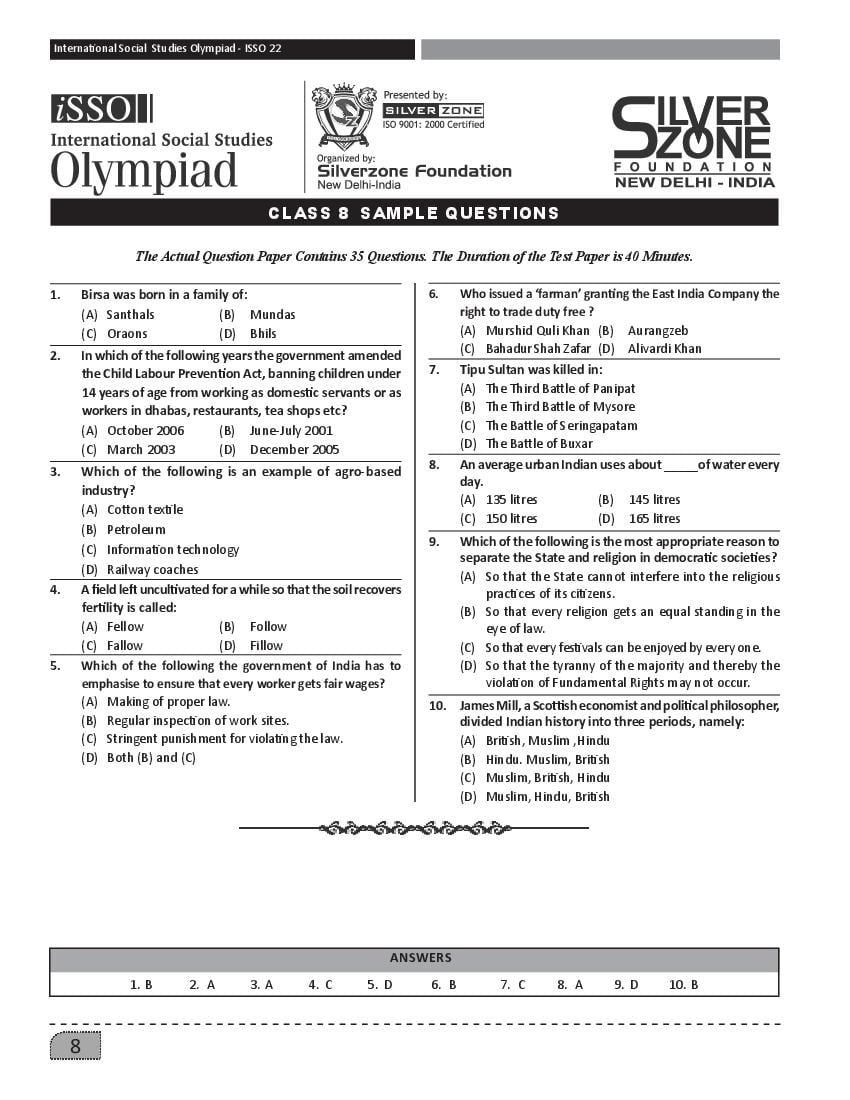 SilverZone iSSO Sample Paper 2022 Class 8  - Page 1