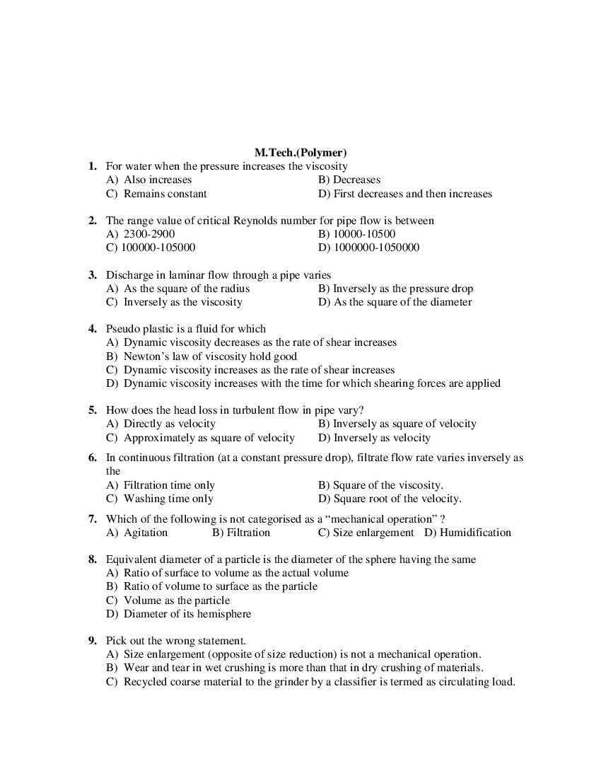PU CET PG 2019 Question Paper M.Tech._Polymer_ - Page 1