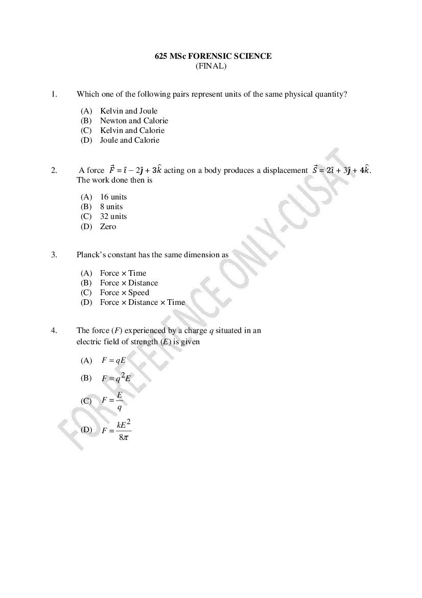 CUSAT CAT 2022 Question Paper M.Sc Forensic Science - Page 1