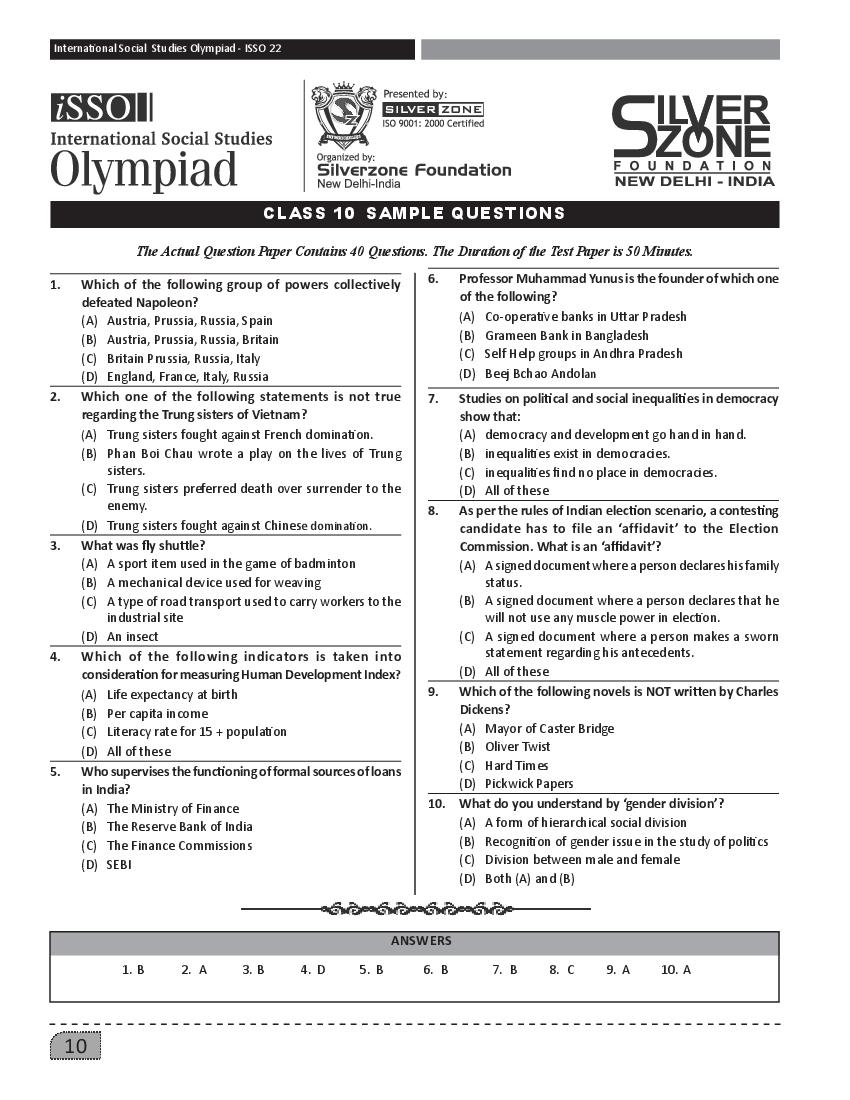 SilverZone iSSO Sample Paper 2022 Class 10  - Page 1
