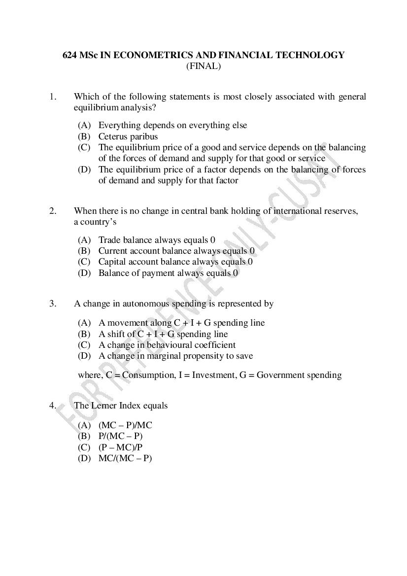 CUSAT CAT 2022 Question Paper M.Sc Econometrics and Financial Technology - Page 1