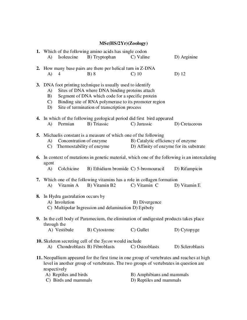 PU CET PG 2019 Question Paper MSc_HS 2Yr__Zoology_ - Page 1