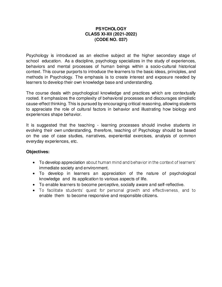 CBSE Class 11 Psychology Syllabus 2021-22 - Page 1
