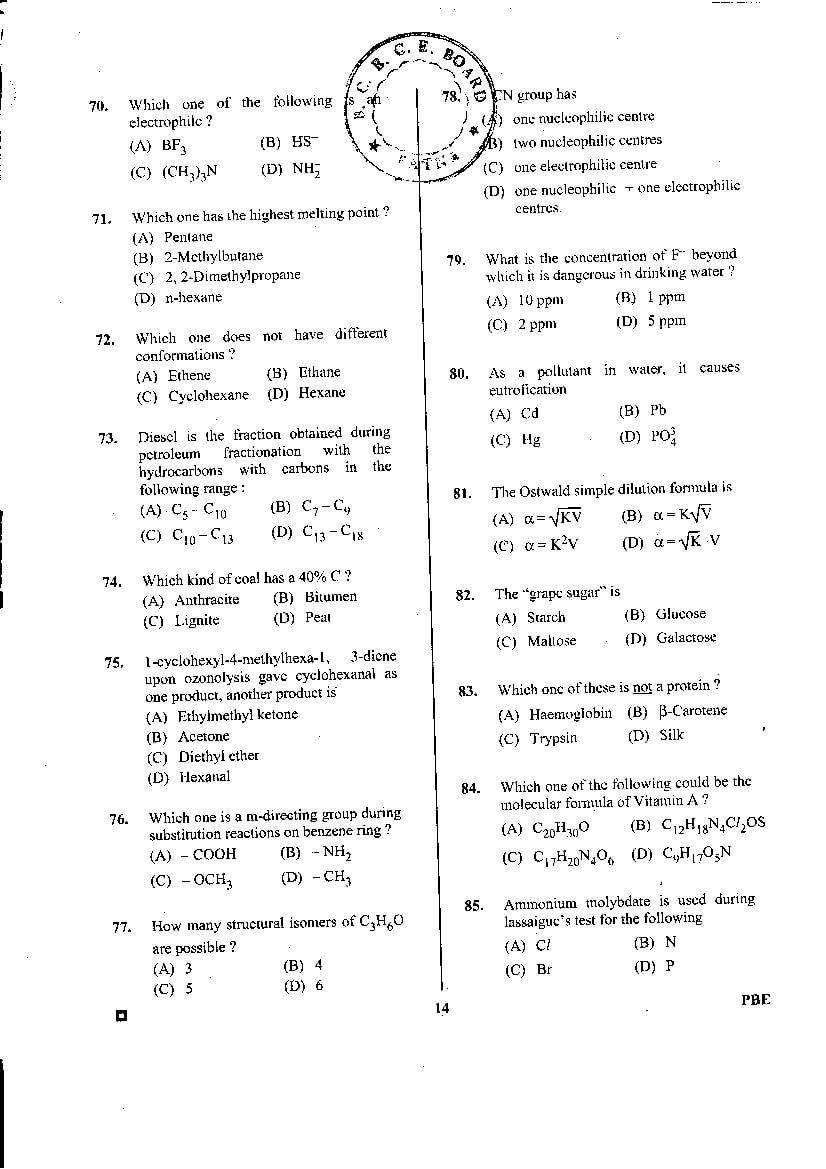 BCECE 2016 Question Paper with Answer Key PDF (1st Stage)