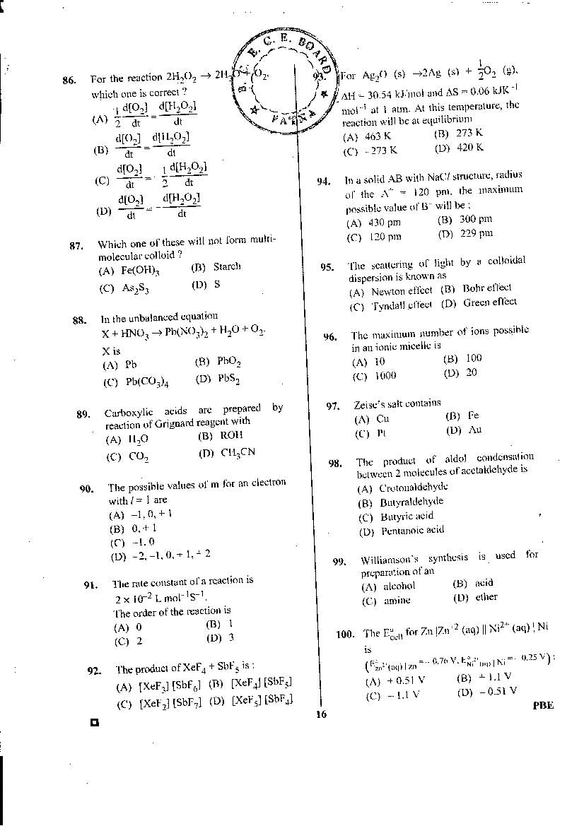 BCECE 2016 Question Paper with Answer Key PDF (1st Stage)