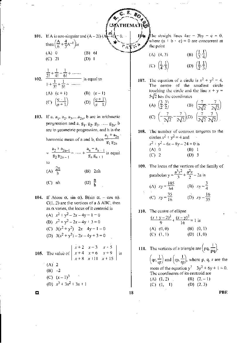 BCECE 2016 Question Paper with Answer Key PDF (1st Stage)