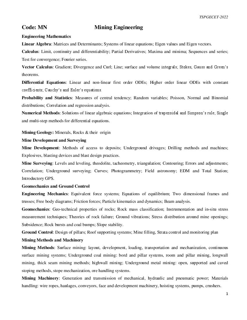 TS PGECET 2022 Syllabus for Mining Engineering - Page 1