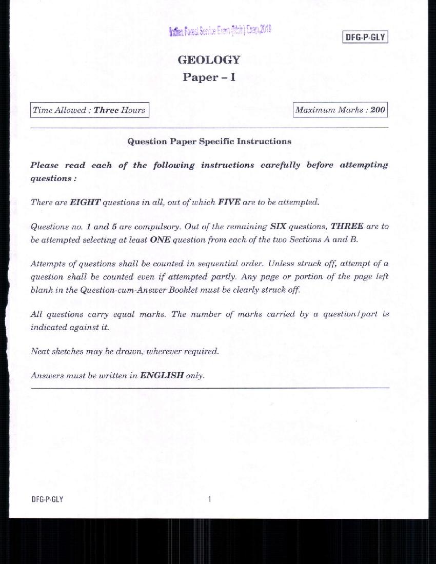UPSC IFS (Mains) 2019 Question Paper for Geology Paper-I - Page 1