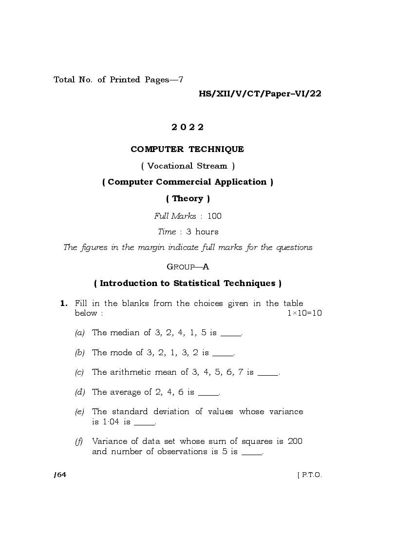MBOSE Class 12 Question Paper 2022 for Computer Technique - Page 1