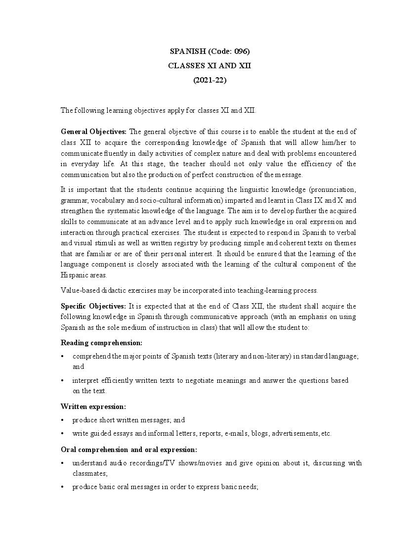 CBSE Class 11 Spanish Syllabus 2021-22 - Page 1 of 5