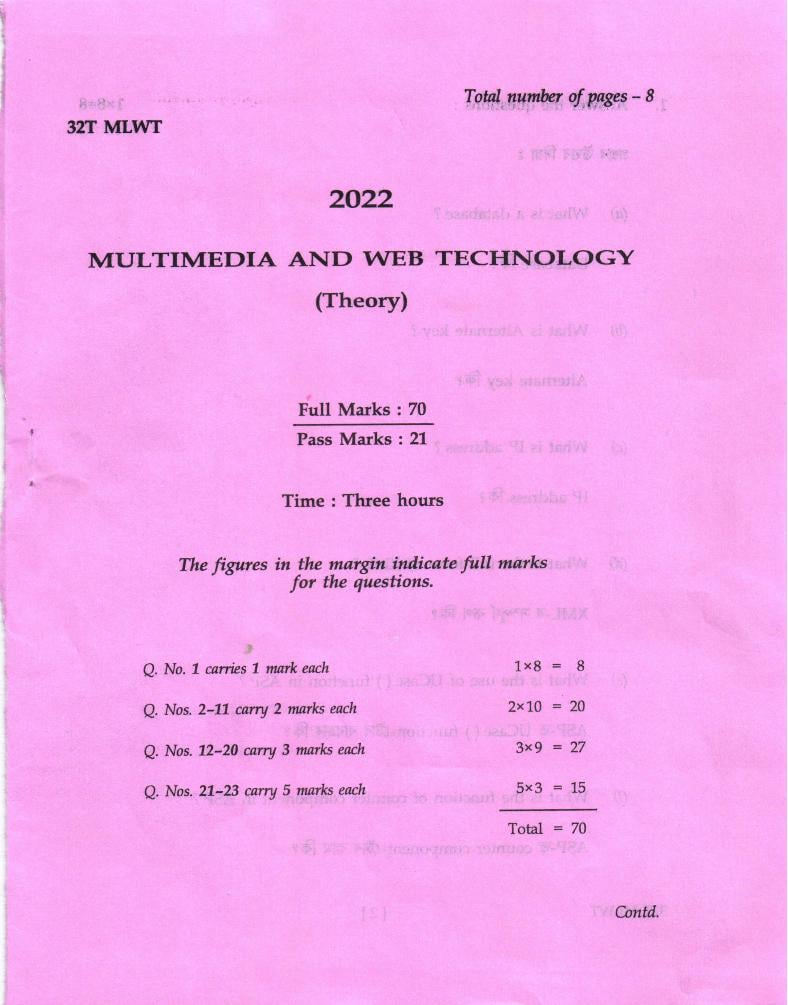 AHSEC HS 2nd Year Question Paper 2022 Multimedia and Web Technology - Page 1