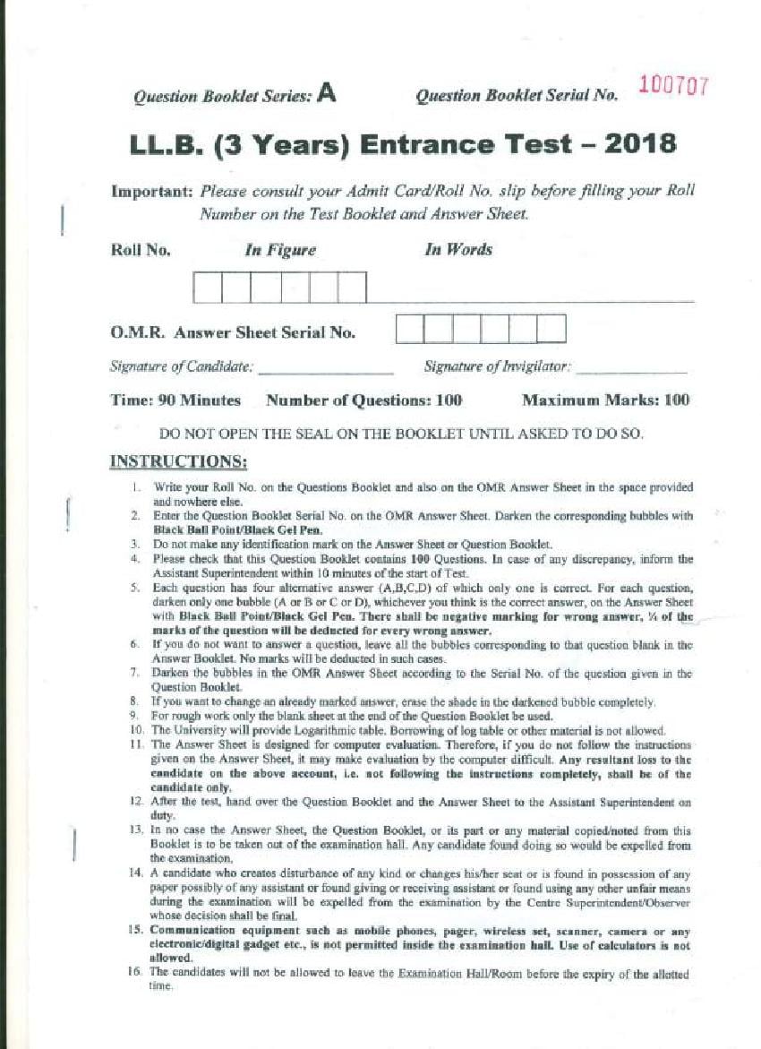 PU LLB Entrance Exam 2018 Question Paper - Page 1