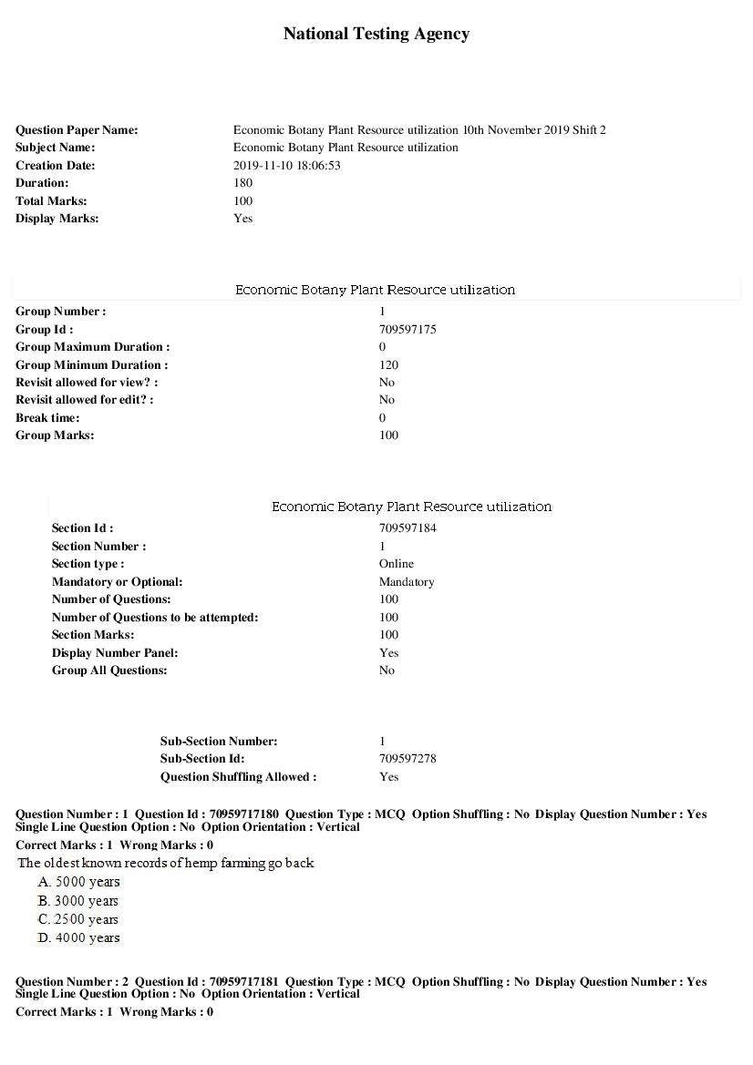 SWAYAM 2019 Question Paper Economic Botany Plant Resource utilization - Page 1 of 18