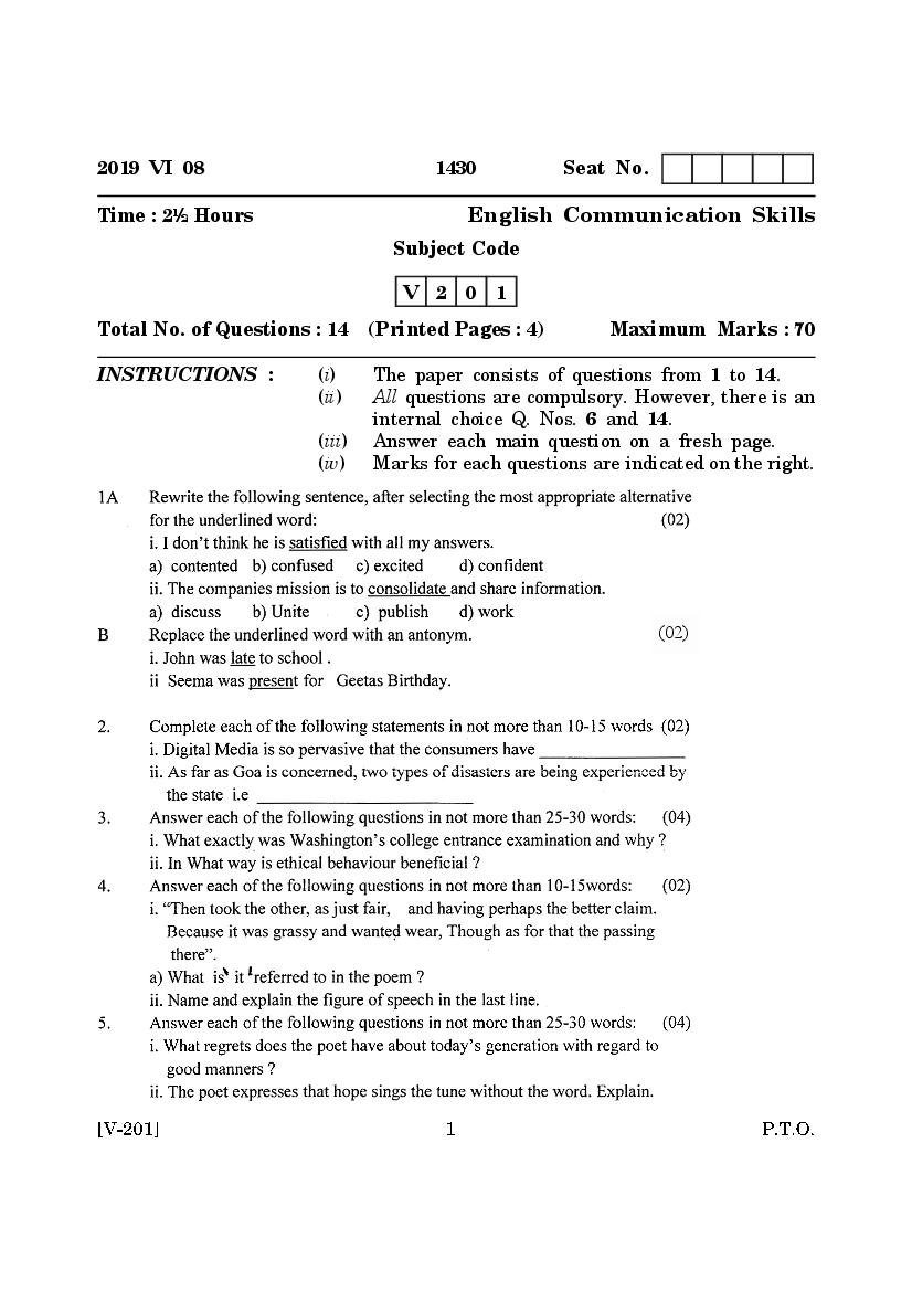 Goa Board Class 12 Question Paper June 2019 English Communication Skills - Page 1