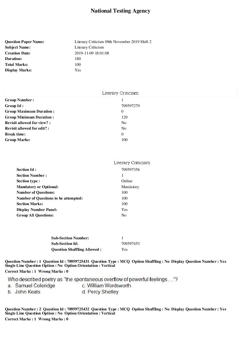SWAYAM 2019 Question Paper Literary Criticism - Page 1 of 17