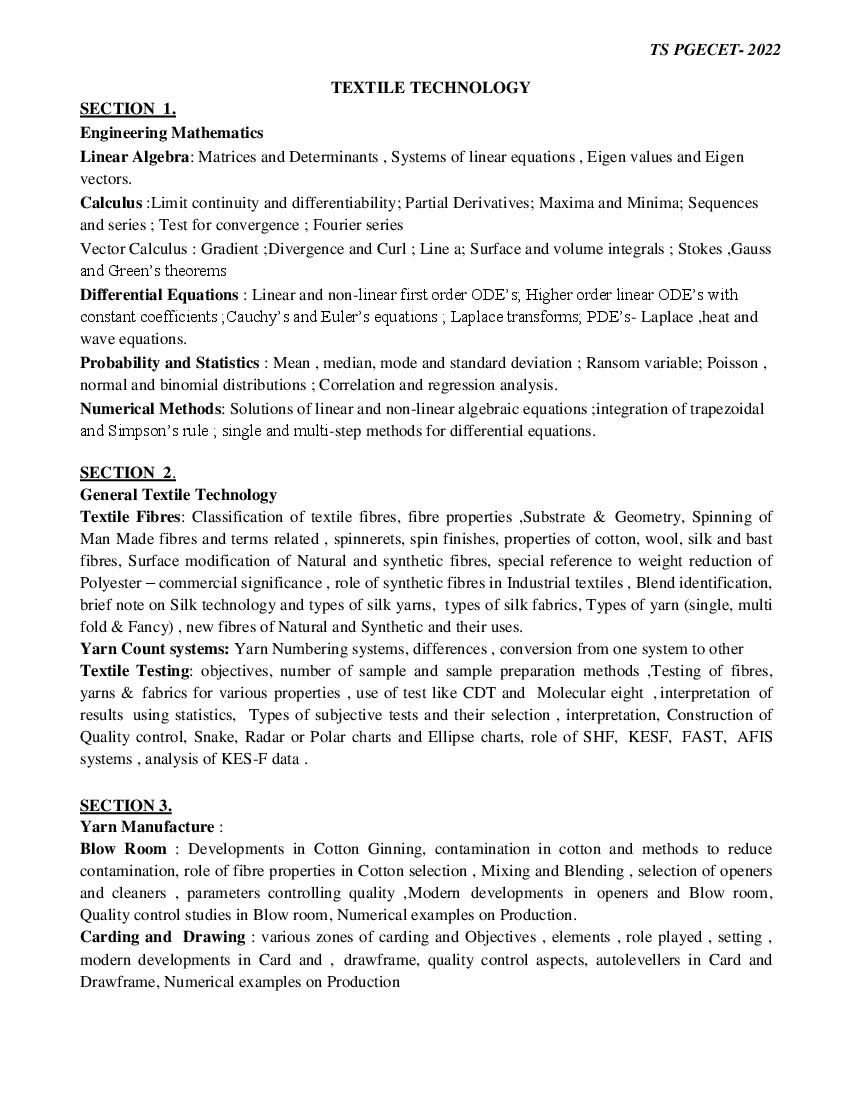 TS PGECET 2022 Syllabus for Textile Technology - Page 1