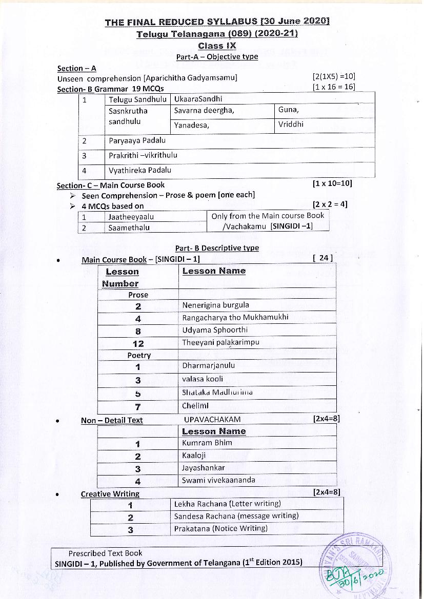 CBSE Class 9 Telugu Telangana Syllabus 2020-21 - Page 1