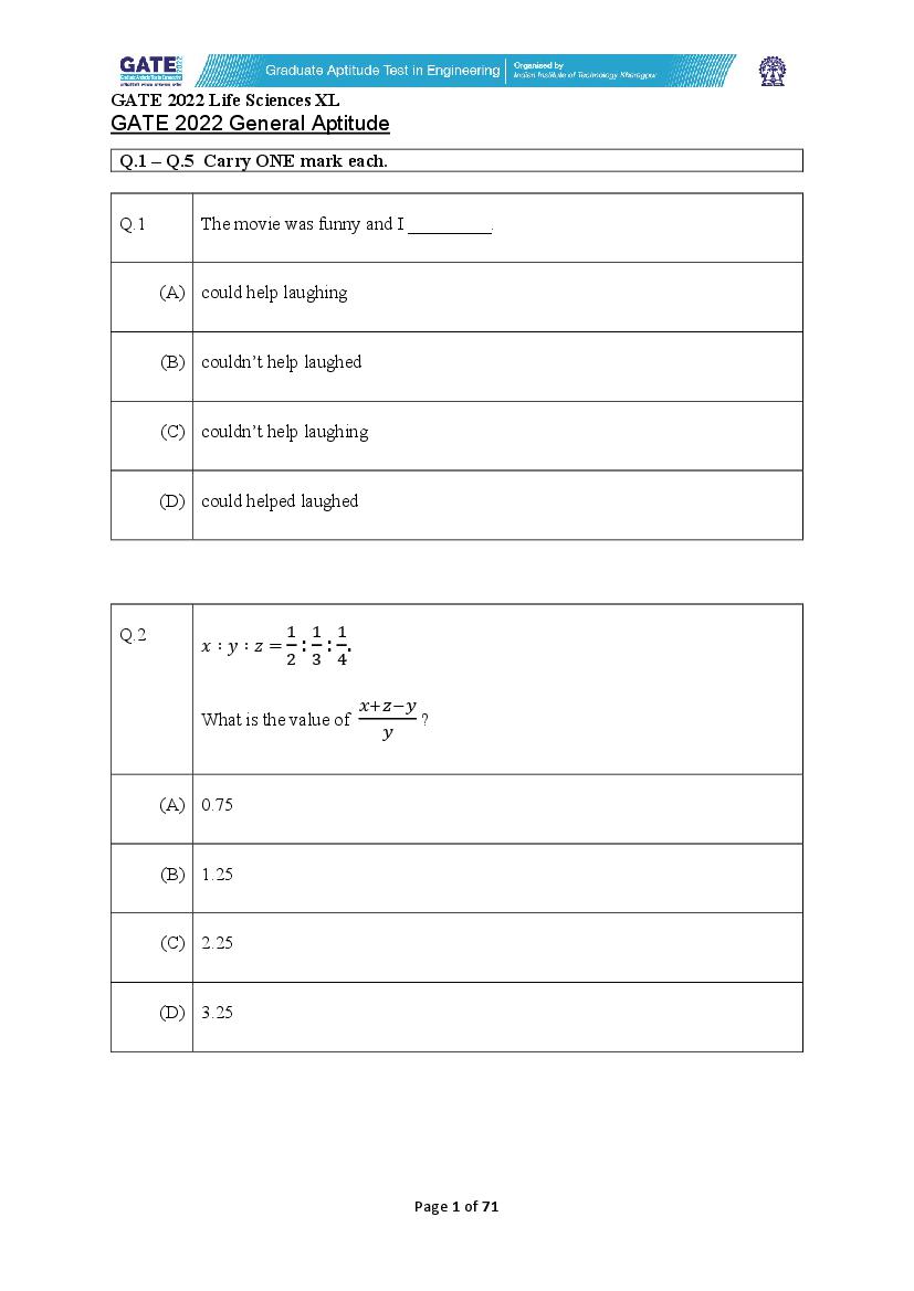 GATE 2022 Official Question Paper for XL