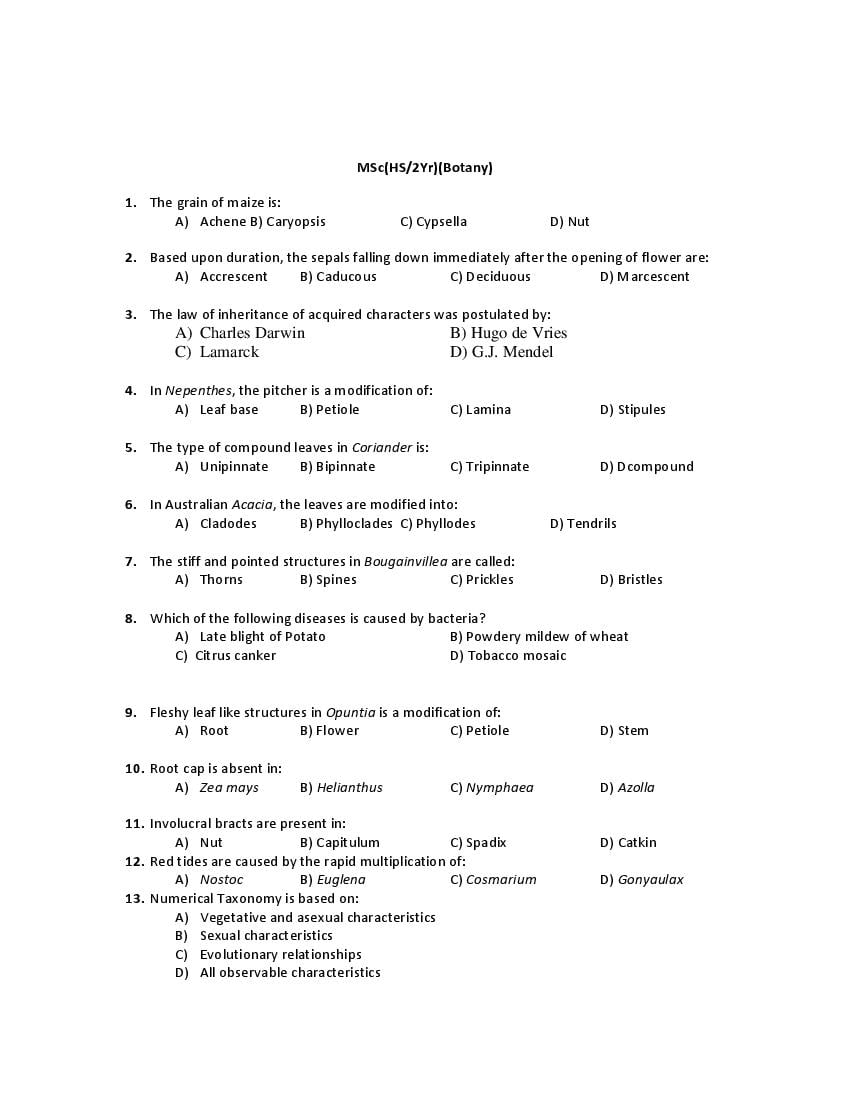 PU CET PG 2019 Question Paper MSc_HS2Yr__Botany_ - Page 1