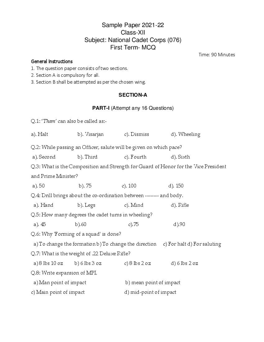 CBSE Class 12 Sample Paper 2022 for NCC - Page 1