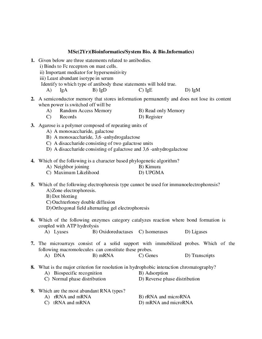 PU CET PG 2019 Question Paper MSc_2Yr__Bioinformatics OR System Bio. _ Bio.Informatics_ - Page 1