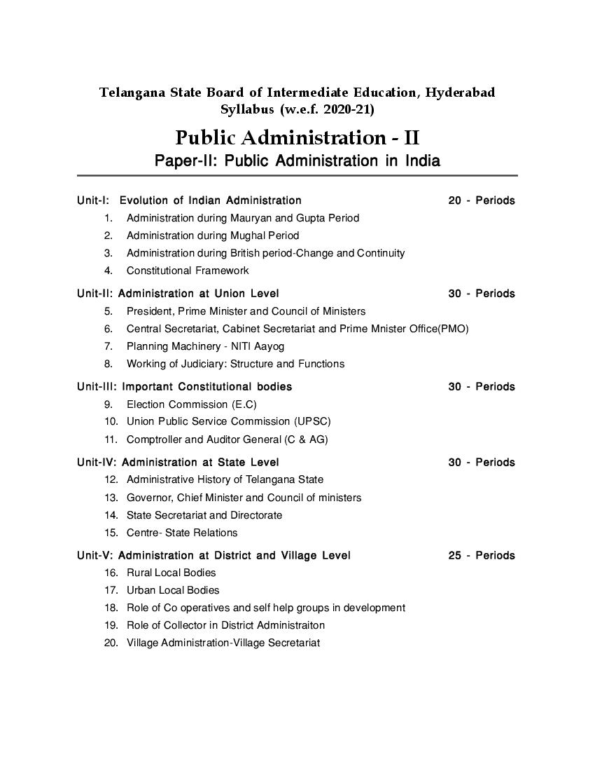 Telangana Class 12 Syllabus 2023 Public Administration - Page 1