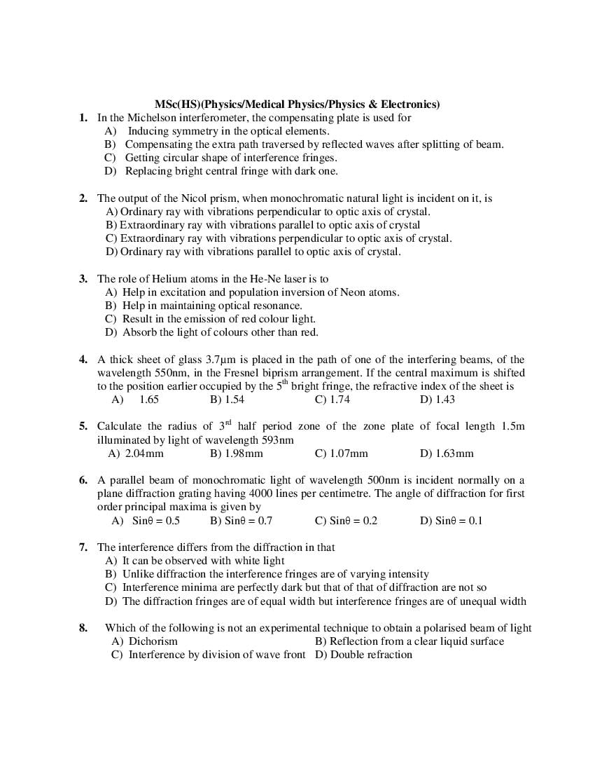 PU CET PG 2019 Question Paper MSc_HS__Physics OR Medical Physics OR Physics _ Electronics_ - Page 1