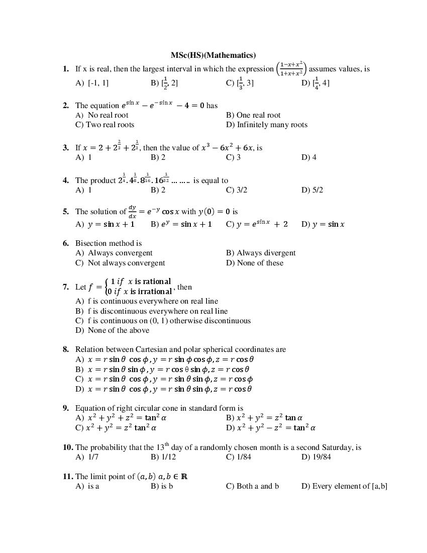 PU CET PG 2019 Question Paper MSc_HS__Mathematics_ - Page 1
