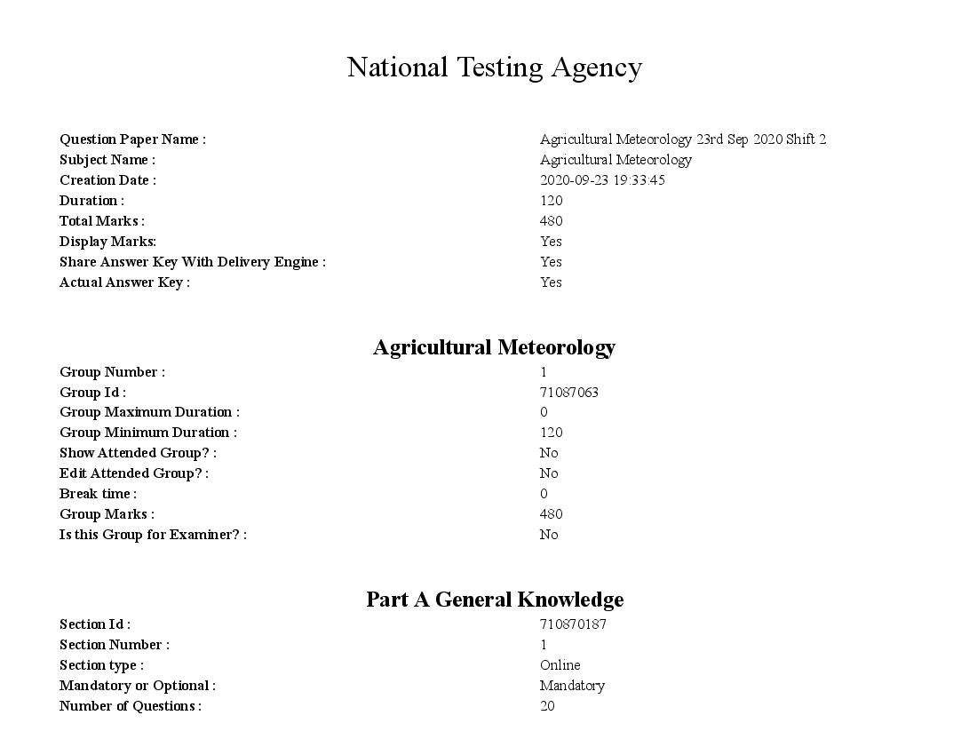 AICE JRF SRF 2020 Question Paper Agricultural Meteorology - Page 1