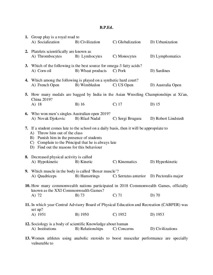 PU CET PG 2019 Question Paper B.P.Ed. - Page 1