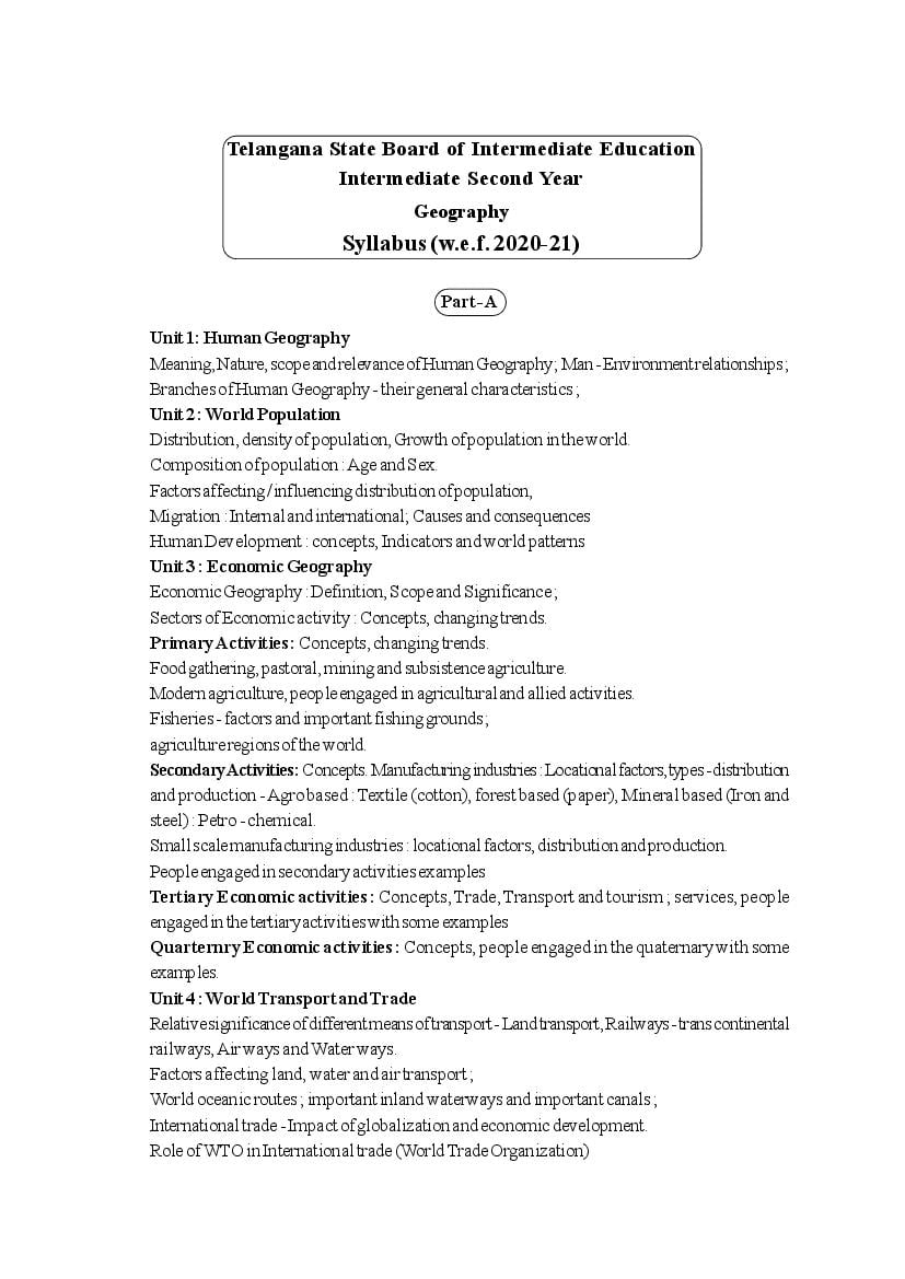 Telangana Class 12 Syllabus 2024 Geography - Page 1