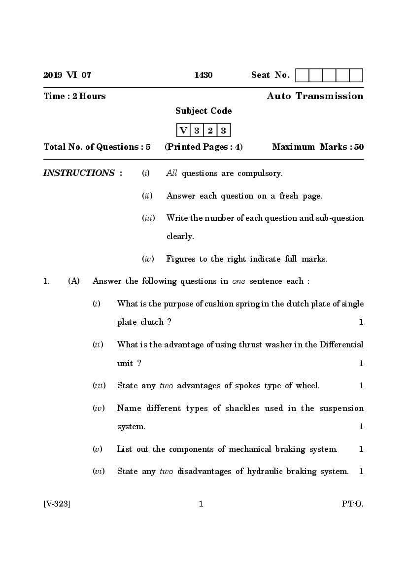 Goa Board Class 12 Question Paper June 2019 Auto Transmission - Page 1