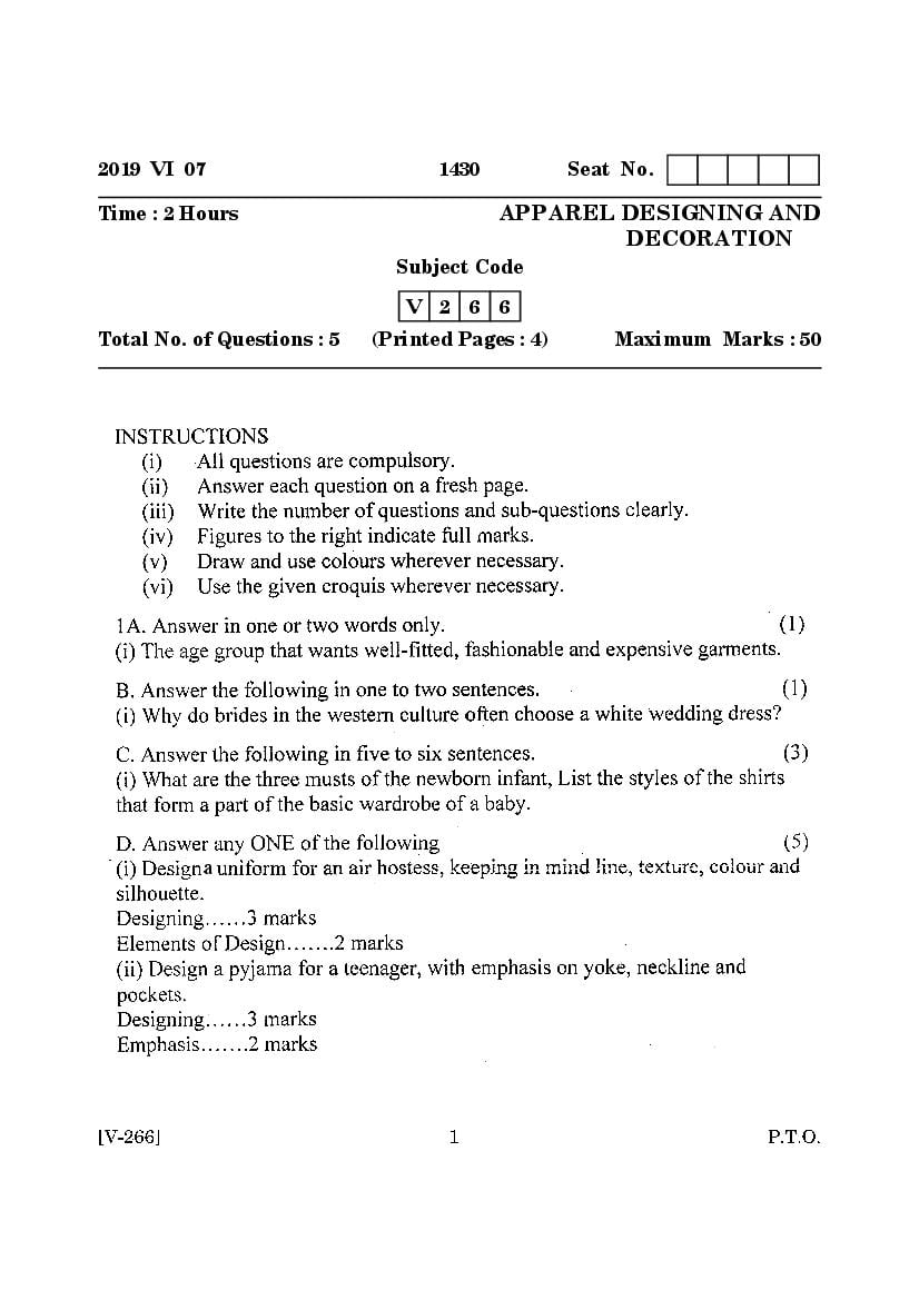 Goa Board Class 12 Question Paper June 2019 Apparel Desigining and Decoration - Page 1