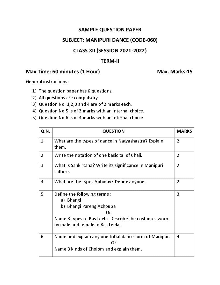 CBSE Class 12 Sample Paper 2022 for Manipuri Dance Term 2 - Page 1