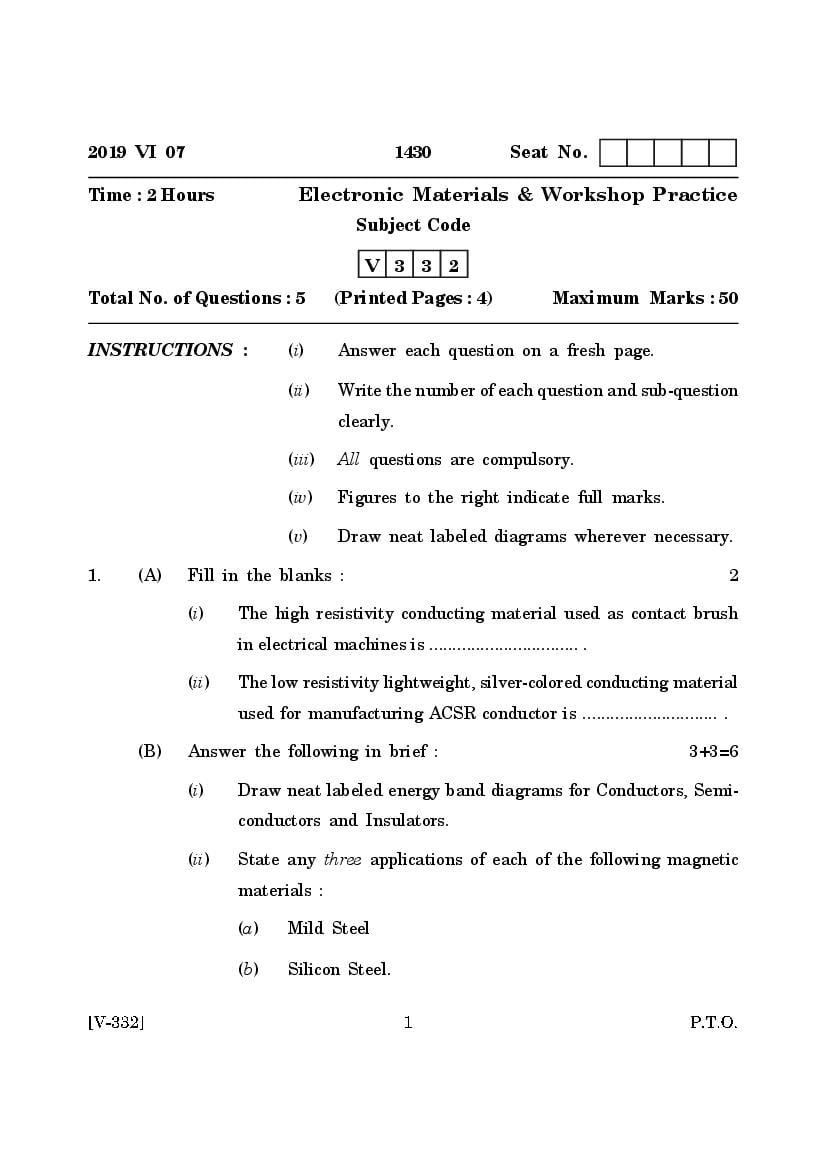 Goa Board Class 12 Question Paper June 2019 Electronic Materials and Workshop Practice - Page 1