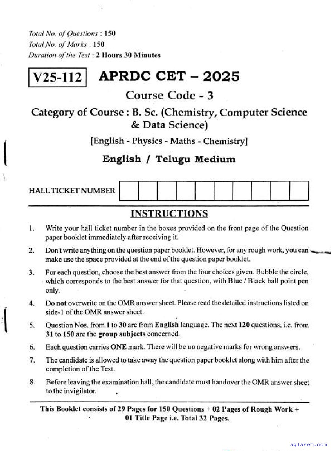 APRDC CET 2025 Question Paper B.Sc Chemistry, Computer Science & Data Science - Page 1 of 30